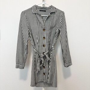 Abercrombie and Fitch Stripes Shirt Dress in White and Gray with Tie Belt Strap